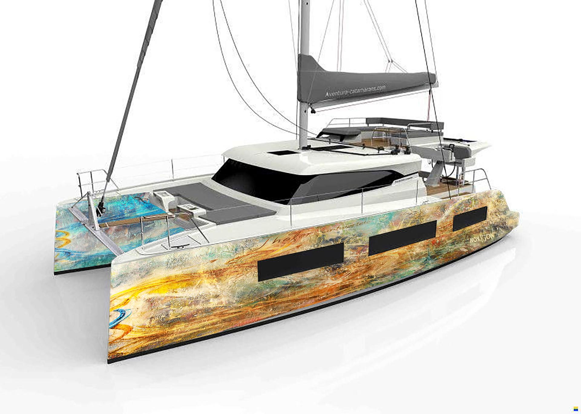 ART J – Aventura 45 Katamaran-Rendering mit künstlerischer Bemalung